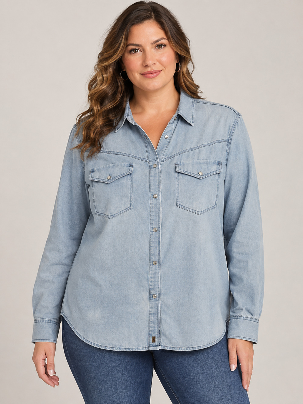 Zara L NWT Chambray Denim Shirt Light Wash Snap Button Western Long Sleeve